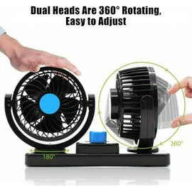 Itian 360 Rotating Double Mini Electric Car Fan, Electric Car Clip Fans for Vehicles, SUV, RV, Boat (Car Fan), Adjustable Dual Head Clip Fan with Two Adhessive Stickers and Two Speeds