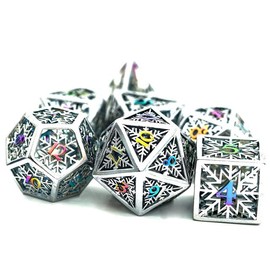 Sliver Rainbow Snow Flakes DND Hollow Metal Dice Set for Dungeons and Dragons Gifts, D&D, D and D, Pathfinder, Accessories, D20, Polyhedral, Resin Dice, Metal, Dice Tray, Tower, Bag, Box