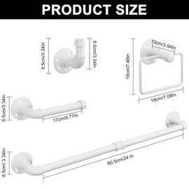 Jeasor 4-Pieces Industrial Pipe Bathroom Towel Ring Kit DIY Wall Mount Accessories Kit Includes Robe Hook Towel Bar and Towel Ring (White 24 inch)