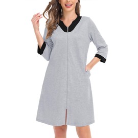 SWOMOG Women Zipper Front Robe 3/4 Sleeve House Coat Zip up Bathrobes Lightweight Nightgown with Pockets S-XXL Grey Large