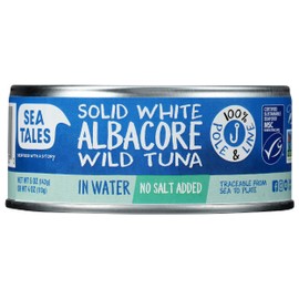 Sea Tales Solid White Albacore Canned Tuna in Water - No Salt Added - 100% Pole & Line Wild Sustainably Caught - Gluten Free - High Protein Food - Keto Friendly - 5 oz. Cans (Pack of 12)