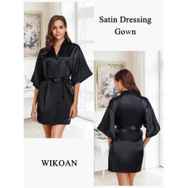 Wikoan Women's Satin Dressing Gown, Soft Silk Robe Lightweight Sleepwear for Bridal,Wedding Party Robes with Oblique V-Neck,M,Black