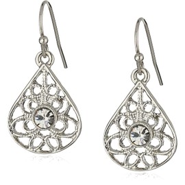 1928 Jewelry Vintage Inspired Teardrop Filigree Sparkling Round Clear Crystal Earrings For Women, Fish Hook, Silver Tone, Made In USA