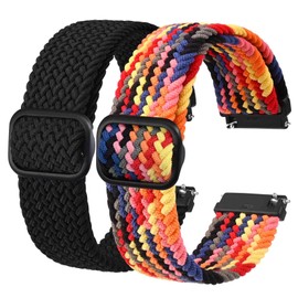 BISONSTRAP 2 Pack Braided Nylon Watch Bands, Upgrade Adjustable Buckle, Stretchy Loop Straps for Men and Women, 18mm, Black+Rainbow
