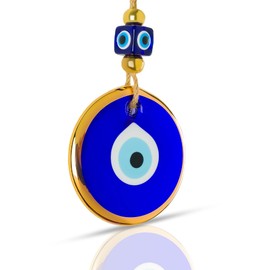 BCS Blue Evil Eye Wall Decor Gold Border Design 4.3" Glass Evil Eye Hanging Ornament for Home, Office, Garden, Door Turkish Greek Handmade Nazar Amulet Good Luck and Protection Charm - Ojo Turco