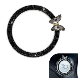 Ferianl Bling Car Crystal Rhinestone Ring Emblem Sticker, Girly Butterfly Diamond Engine Start Button Cover, Push to Start Button, Key Ignition Starter & Knob Ring, Car Accessories for Women (Black)