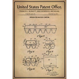United States Patent Office, Design for an Egg Carton – Design for an Egg Box – Burkett, Michigan 1969 – No 3.441.196 Metal Plaque
