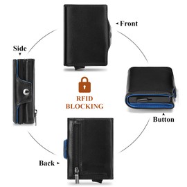 SENDEFN Men's Leather Wallet with Coin Compartment and RFID Protection, Slim Wallet Credit Card Holder, Aluminium Pop-Up Card Holder for 7 Cards, Black with blue, Fastened