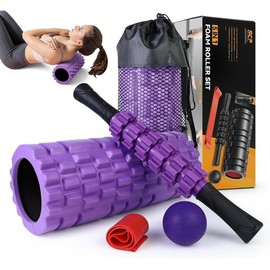5 in1 Foam Roller Set, Trigger Point Foam Rollers, Massage Roller Stick, Massage Ball, Resistance Band for Deep Muscle Massage Pilates Yoga,Fitness Exercise for Whole Body (Black-Red) Comfort Body Care - Color: purple