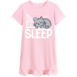 Little Hand Toddler Girls Nightgown All You Need Is Sleep Kids Cute Cat Pajamas Dress Nightwear Short Sleeves 3-4T