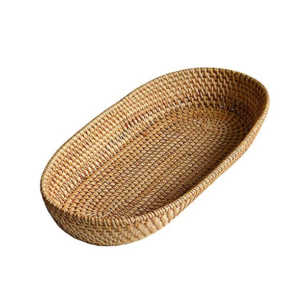 17 Inch Long Narrow Oval Serving Basket, Boho Handmade Rattan