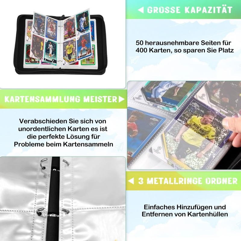 Football Trading Card Album, 400 Card Capacity, 50 Pages, Zip