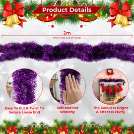 Trimming Shop 2m Purple Christmas Tinsel Garland Shiny Metallic Fine Foil Twisted Christmas Tree Garland for Festive Party Holiday Indoor Outdoor Hanging