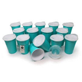 Rolling Sands Reusable BPA-Free 16 Ounce Aqua Party Cups with Lids - 15 Pack, Made in USA