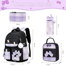 ACESAK Backpack for Girls with Insulated Water Bottle, Bow Tie Plaid Bookbag for Girls Kids, 14oz Termos Kids Water Bottle Stainless Steel, Lunch Bag & Pencial Case, Back To School Gift (Black Purple)