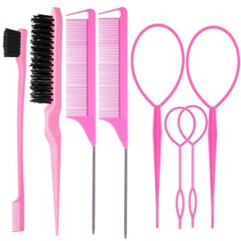 3 Pieces Hair Styling Comb Set Teasing Hair Brush Rat Tail Comb Edge Brush for Edge&Back Brushing, Combing, Slicking Hair for Women (Pink) - Color: 8Pcs Pink