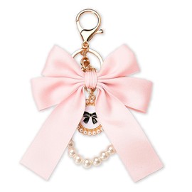 Bow Ribbon Pearl Keychain for Keys Purse Aesthetic Car Key Chains for Women Girls Pearl Key Lanyard Wristlet Strap Bowknot Pearl Key Chains Bag Accessories Pink Bow Charm Key Ring Bracelet