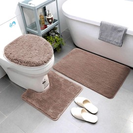 Luxury Home Goods 3 Piece Solid Super Soft Microfiber Bathroom Rug Set Includes Bath Rug, Contour Mat, and Toilet Lid Cover, Non-Slip Bath Rugs with Rubber Backing, Machine Washable (Taupe)