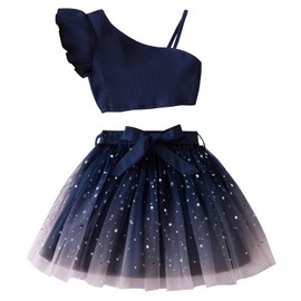 JiAmy Girls Kids Outfits Set 2 Piece Clothes Knitted Top and Sequin Tulle Skirt One Shoulder Summer Girls Party Outfit for 6-7 Year Old, Midnight Blue