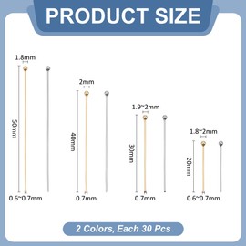 WADORN 240Pcs 8 Styles Ball Head Pins, 2 Colors 304 Stainless Steel Real 24K Gold Plated Ball Head Pins 20-50mm Earring Pins End Headpins for DIY Earring Bracelet Craft Jewelry Making Supplies