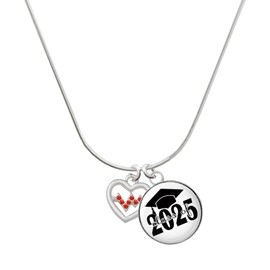Delight Jewelry Silvertone Heart with Red Crystal Heartbeat Script Class of 2025 Dome Charm Necklace, 18"