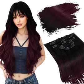 Ugeat Clip in Hair Extensions Real Human Hair Medium Length 16 Inch Real Hair Extensions Clip in Human Hair Ombre Black to Red Halloween Party 7pcs 120g 1B99J