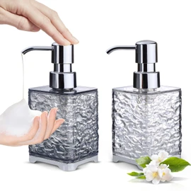 LELE LIFE 2 Pack Foaming Soap Dispenser - Acrylic Foaming Hand Soap Dispenser with Silver Pump, Luxury 10oz Refillable Bathroom Foam Bottle, Clear+Clear Grey,Square
