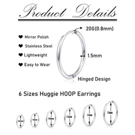 Ofeiyaa 6 Pairs Stainless Steel Huggie Hoop Earrings Cartilage Helix Lobes Hinged Sleeper Tiny Hoops Earrings For Men Women 6/8/10/12/14/16mm Gold Silver Tone