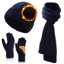 Mens Oversize XXL Winter Knit Warm Hat Fleece Beanie+Long Scarf+Touch Screen Gloves Set Skull Caps for Men Big Head