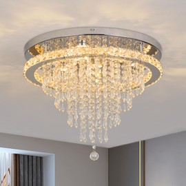 Deckrico Crystal Chandelier 19.6" Modern LED Ceiling Lamp Flush Mount Lighting Fixture for Living Room Bedroom Kitchen Dining Room (Variable Light)