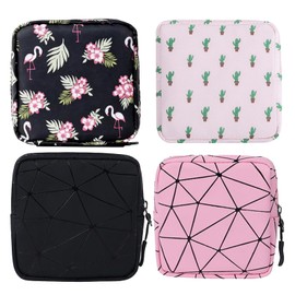 4 Pcs Cotton Sanitary Napkin Storage Bag Set, Oxford Fabric Period Pouch in Different Patterns, Portable Period Bag, Sanitary Pad Storage Bag with Zipper for Teen Girls Women Ladies