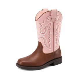DREAM PAIRS Boys Girls Cowboy Boots Kids Western Square Toe Riding Boots,Size 3 Little Kid,Pink/Brown,KKUMMB2502