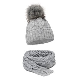 ELIMELI® Winter Hat Women's Hat with Fur Pom Fleece Lining Lined - Warm Women's Bobble Hat Knitted Hat - Winter Hat with Faux Fur Bobble - Slouch Knitted Beanie Made in EU, Grey - Scarf Set