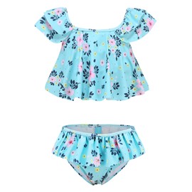 Aisyee Big Girls Two Piece Bikini Swimsuits Smocked Bathing Suit Kids Hawaiian Floral Swimwear Light Blue Floral Size 16/7-16 Years
