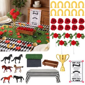 Riceshoot 36 Pcs Derby Party Table Decorations Set Horse Racing Table Decor-tablecloth Artificial Grass Horses Figurines Wooden Box Trophy Roses for Rodeo Western Decor Home Dining Supplies