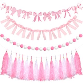Colingmill 4 Pcs Pink Bow Garland Banner Coquette Birthday Decorations Pink Bow Ribbon Banner Tassel Pom Pom Garland for Baby Shower Decorations