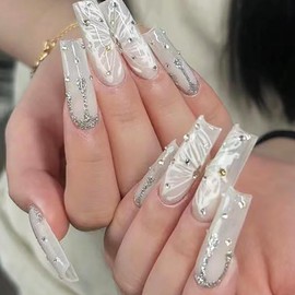 DANMANR Long Fake Nails Silver Butterfly Press on Coffin Nails Full Cover Acrylic Rhinestones Fake Nails for Women and Girls 24PCS