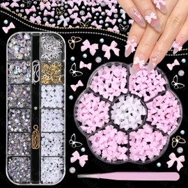 3D Pink Color Bows Nail Art Charms, Nail Bows Nail Charms and Gems, Flatback Pearls Charms Gems, Bows Charms for Nail Art Designs, Nail Pearls Gems for Nail Art DIY with Pickup Tools