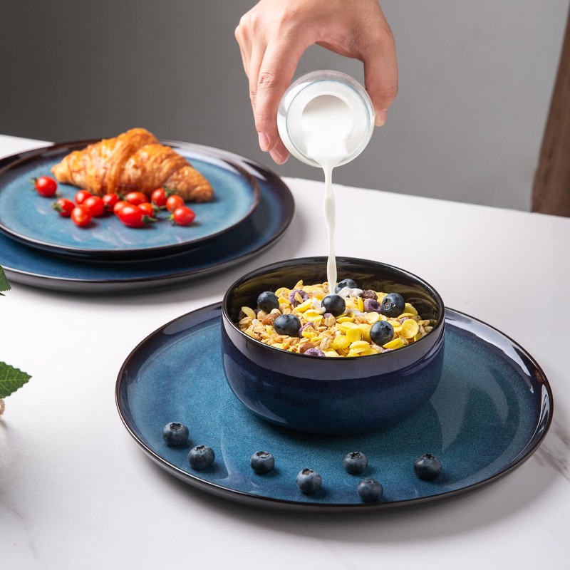 LeRatio Ceramic Dinnerware Sets for 6,Porcelain Plates and Bowls Sets,Handmade