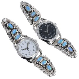 Navajo Ladies Blue Opal Silver Watch Traditional Sterling Design 0812