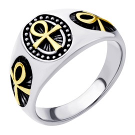 555Jewelry Ancient Egyptian Jewelry Stainless Steel Ring - Ankh Cross Ring for Men | Coptic Amulet Rings for Men Fashion Egypt Symbol Religious Protection Ring | SilverGold, US Size 11