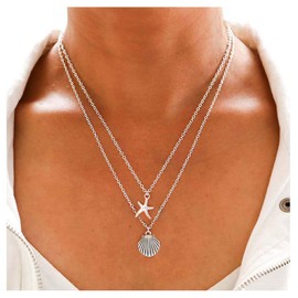 Tgirls Boho Starfish Layered Necklace Shell Pendant Necklace Silver Necklaces Chain for Women (Silver)