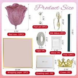 12pcs Pink Glitter Roses Bouquet,DIY Artificial Flower Bouquet Kit with Fake 6 pearls flower wrapping papers,Stems Cards for Gifts Valentine's Day, Anniversary, Birthday, Wedding, Graduations