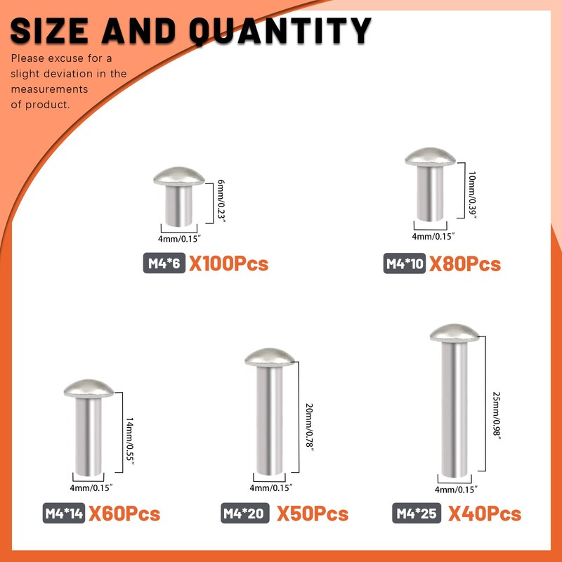 Tanstic 330Pcs M4 Solid Aluminum Brazier Head Rivets, 6mm 10mm