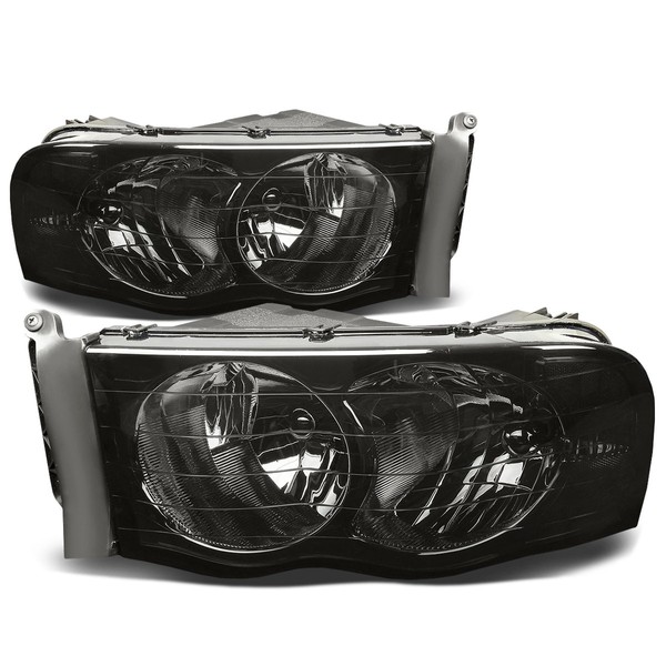 DNA Motoring HL-OH-DR02-SM-CL1 Smoke Lens Clear Corner Headlights Compatible with 02-05 Ram 1500/03-05 Ram 2500 3500, Left & Right