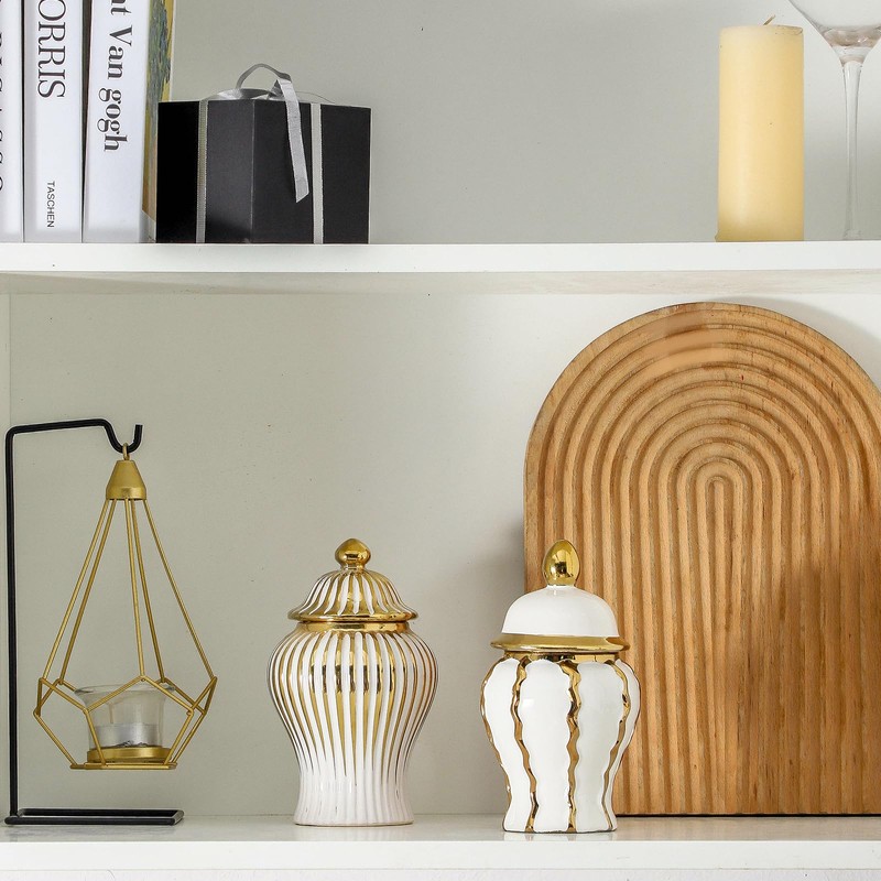 Small White and Gold Vase, 6.8in Decorative Ceramic Ginger Jar