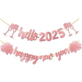 Happy New Year Banner Pink Glitter 2025 New Year's Eve Hello 2025 Cheers to 2025 New Year Garland for New years Winter Festive Holidays Christmas Party Decorations By GotGala