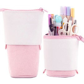 Red Dollar Pen Pencil Telescopic Holder Stationery Case, PU Corduroy Stand-up Transformer Bag Colorful Organizer, Great for Cosmetics Pouch Makeup Bag (Pink)