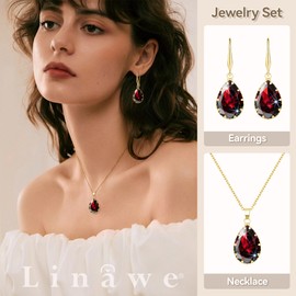 Linawe Ruby Crystal Jewelry Sets, Gold Earring Necklace Set Women Trendy, Imitation Diamond Pendant Rhinestone Drop Dangle Boho Wedding Jewelry, Rhinestone Cubic Zirconia Teardrop