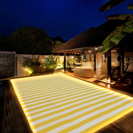 Reversible Mats with Led Strip Lights,9 x 18 FT Plastic Straw Rug with Led Strip Lights, Striped Outdoor Rug Area Rug, Large Floor Mat for Indoor Outdoors, Patio, Backyard, Deck, Picnic, RV Camping